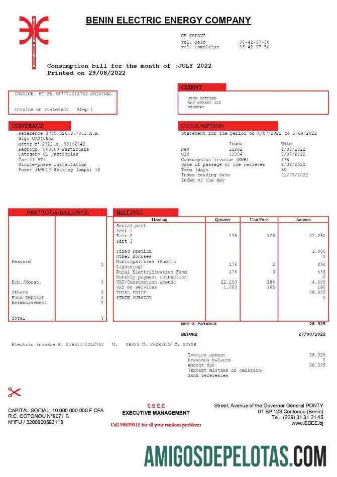 Para baixar modelo de fatura de serviços públicos em Word e PDF da Benin Electric Company